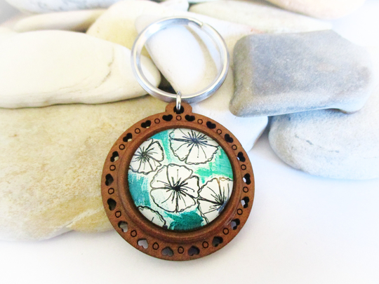 Hawaiian Hibiscus Key Chain | Wood Wooden Ring New Car Gift Housewarming Home Driver Keychain Hawaii Heart