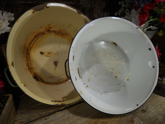 2 Vintage Enamelware Tubs, Bowls, Farmhouse, Planters