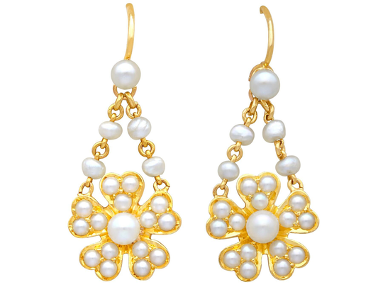 Seed Pearl & 18Ct Yellow Gold Drop Earrings - Antique Circa 1890