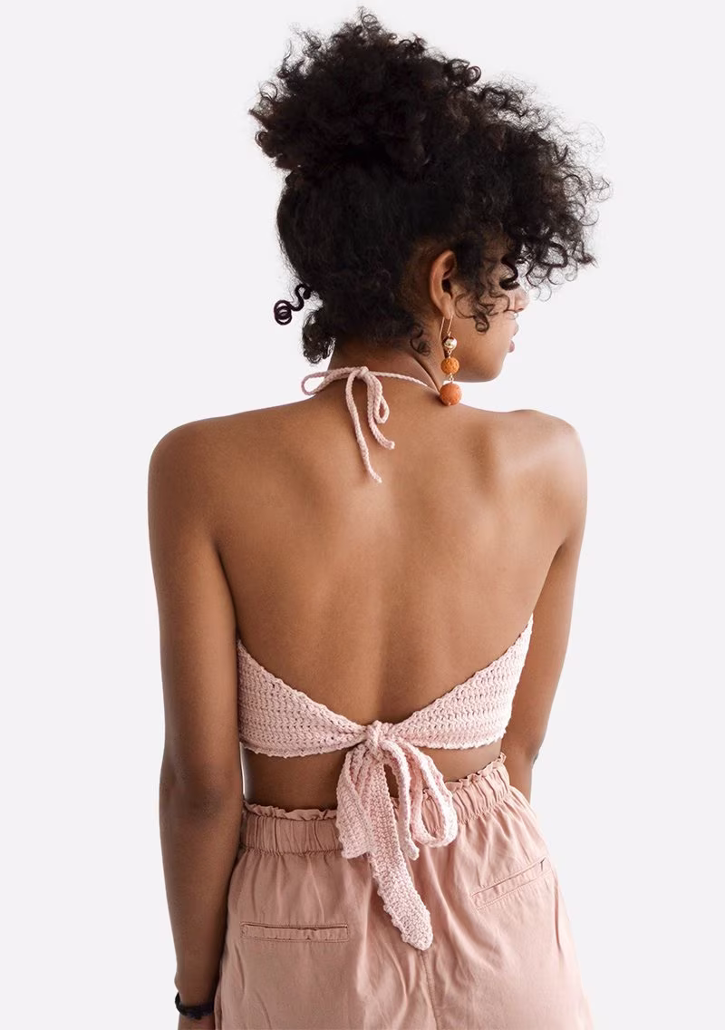Crochet Cropped Halter, Tie Back Crop Top, Crocheted Bralette, Cotton Minimal Powder Pink