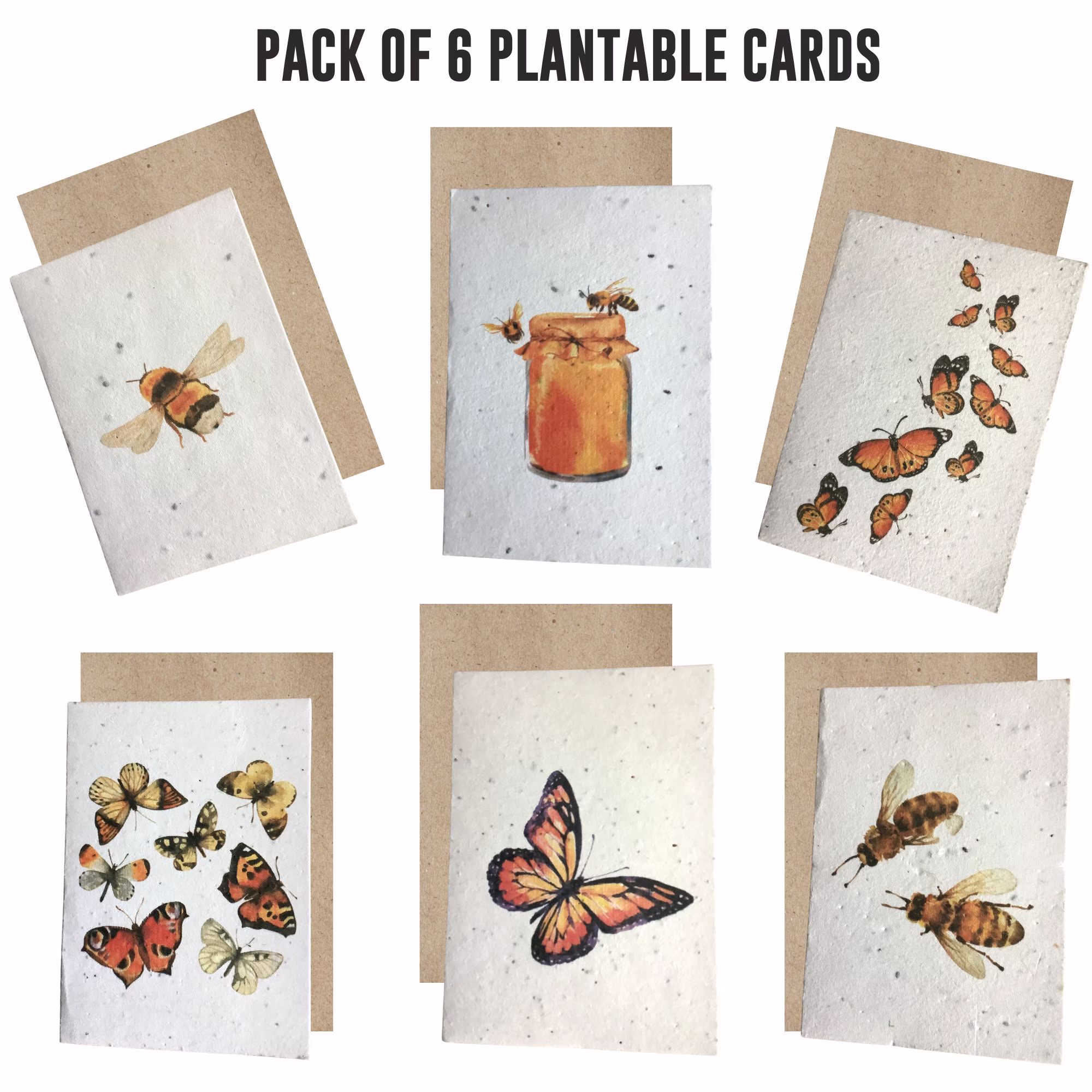Plantable Seed Cards, Bee & Butterfly Illustrated Greetings Card, Blank Cards, Paper Eco Friendly Card Pack Handmade