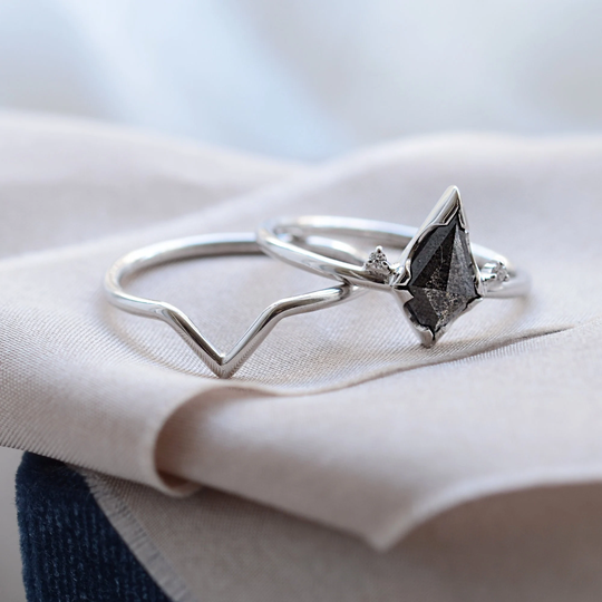 Alternative Kite Diamond Ring, 14K White Gold Salt & Pepper Gold Ring With Three Stones