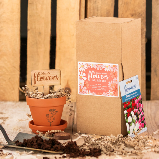 Mum's Flowers Seed Box Growing Gift Set, Mothers Day, Terracotta Pot, Seeds, Personalised Label, Garden Lovers