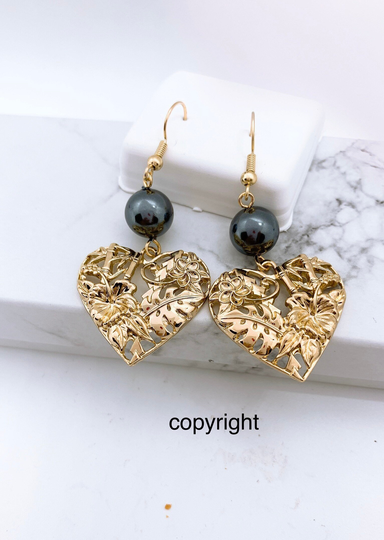 Heart With Bamboo Monstera Leaf Hibiscus Plumeria Flowers Hamilton Gold Earring Shell Pearls
