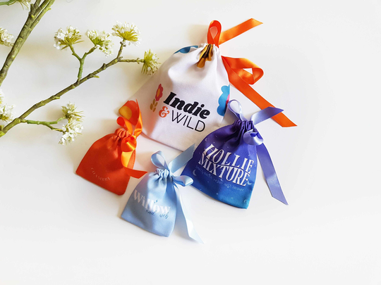 All-Over Digital Printed Cotton Pouches With Satin Ribbon. Sustainable & Eco-Friendly Made Oeko-Tex Certified Fabric
