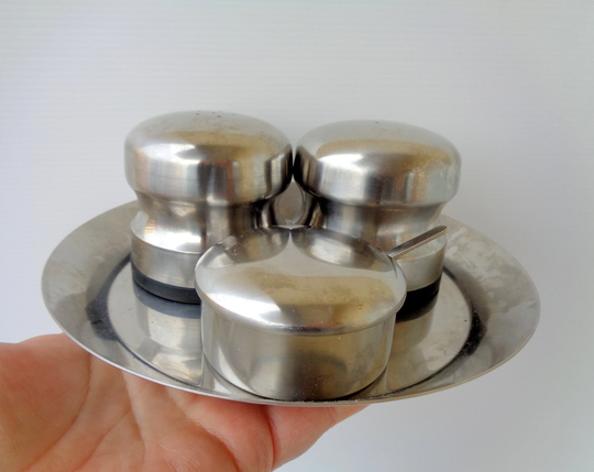 Vintage Italy Inox Vintage Table Set Salt Pepper Mustard Serve Spices For Dinner With Tray