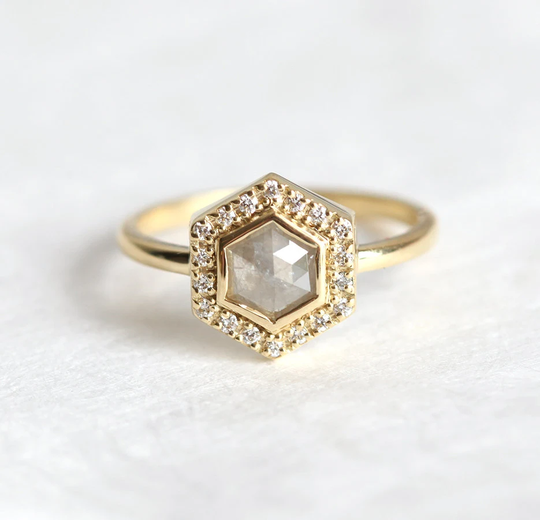 Halo Diamond Hexagon Salt Pepper Engagement Ring, Salt Pepper Diamond Ring