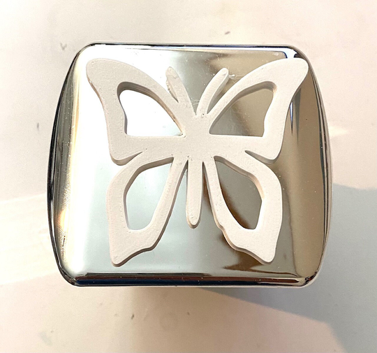 Wavy Butterfly in 3D - Chrome With White 2 Inch Trailer Hitch Cover Hibiscus Flower