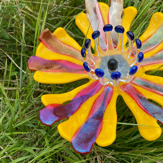 Organic Fused Glass Flower Sculpture Yellow & Orange Iridescent Variation
