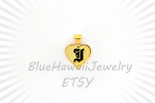11mm Hawaiian Heart Shape Hawaii Black Initial Letter Pendant 14K Gold Custom Made To Order