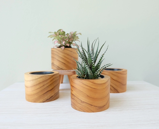 Teak Wood Planter | Tubular Shape - Medium Size, Housewarming Gift, Home Decor, Office Wedding Wooden Vase, Teak Wood Vase