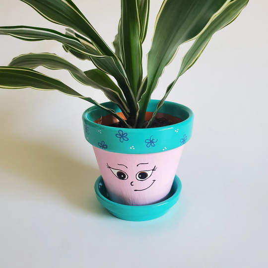 Small Pink & Turquoise Happy Face Flower Pot Planter Hand Painted 3.75