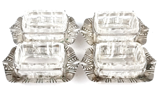 Set Of Miniature Salts, Four, Silver Plate, Glass Liners, Small Open Ball Feet, Martin Hall, Elegant Tableware, Decorative