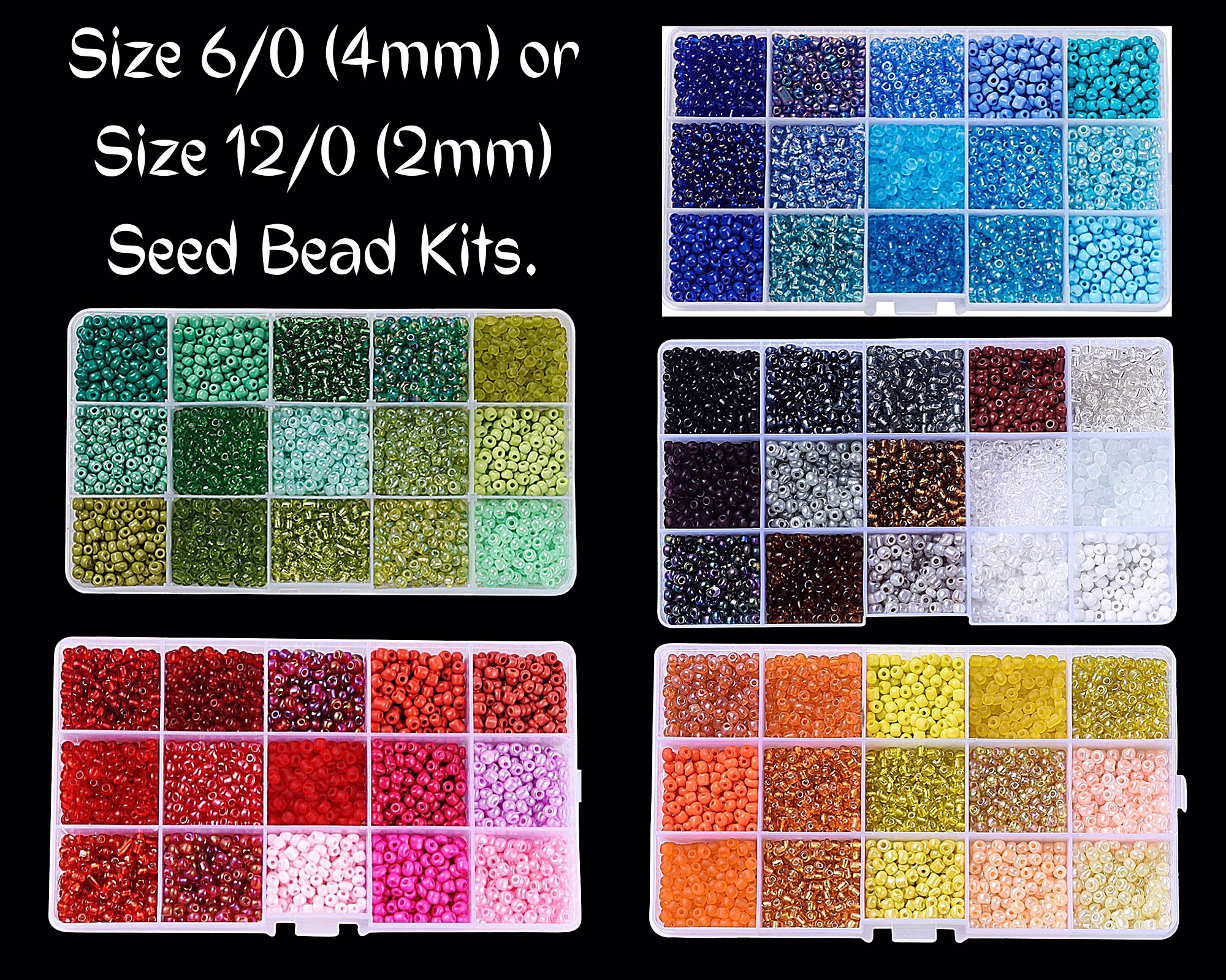 15 Mix Color Glass Seed Bead Kit, Size 6/0 Or 12/0 , 2 4mm, 2400~27000, Diy, Kid's Crafts, Green Pink Yellow Black Brown White Clear Blue