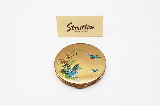 Vintage Stratton Kingfisher Design Gold Powder Compact, 1950S Convertible Cosmetic Case, Mid Century Birds