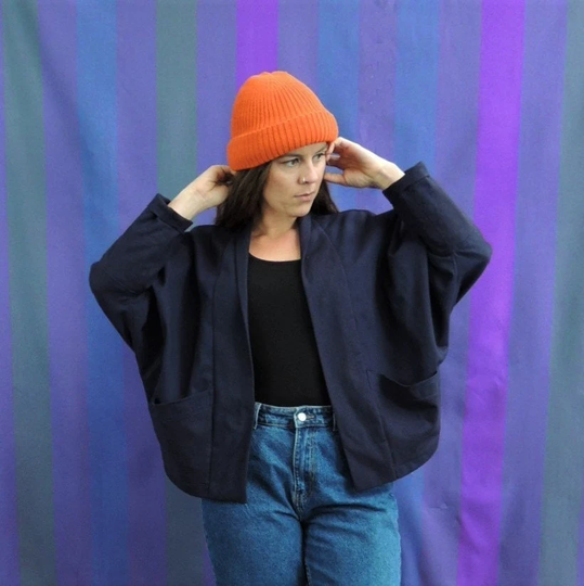Batwing Jacket/Navy Organic Cotton With Pockets Geometric Embroidery Long Sleeves Potters Jacket Minimalist