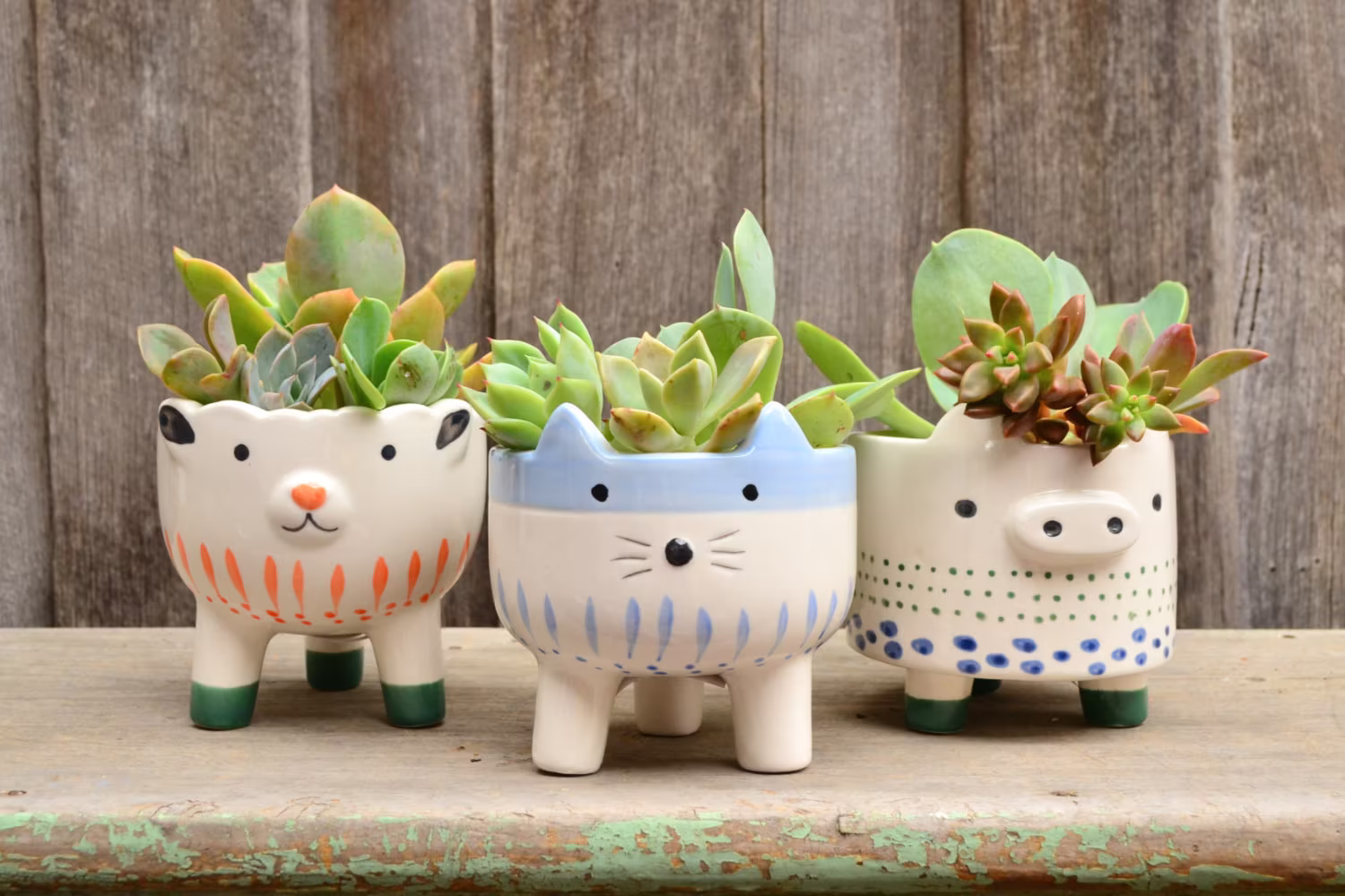 White Ceramic Hand Painted Footed Animal Planters Cat Sheep Pig