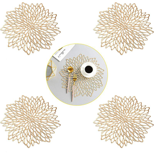 4 Pieces Round Placemat, pvc Placemat Washable Placemats, Heat Resistant and Non-Slip for Kitchen, Party (Gold)