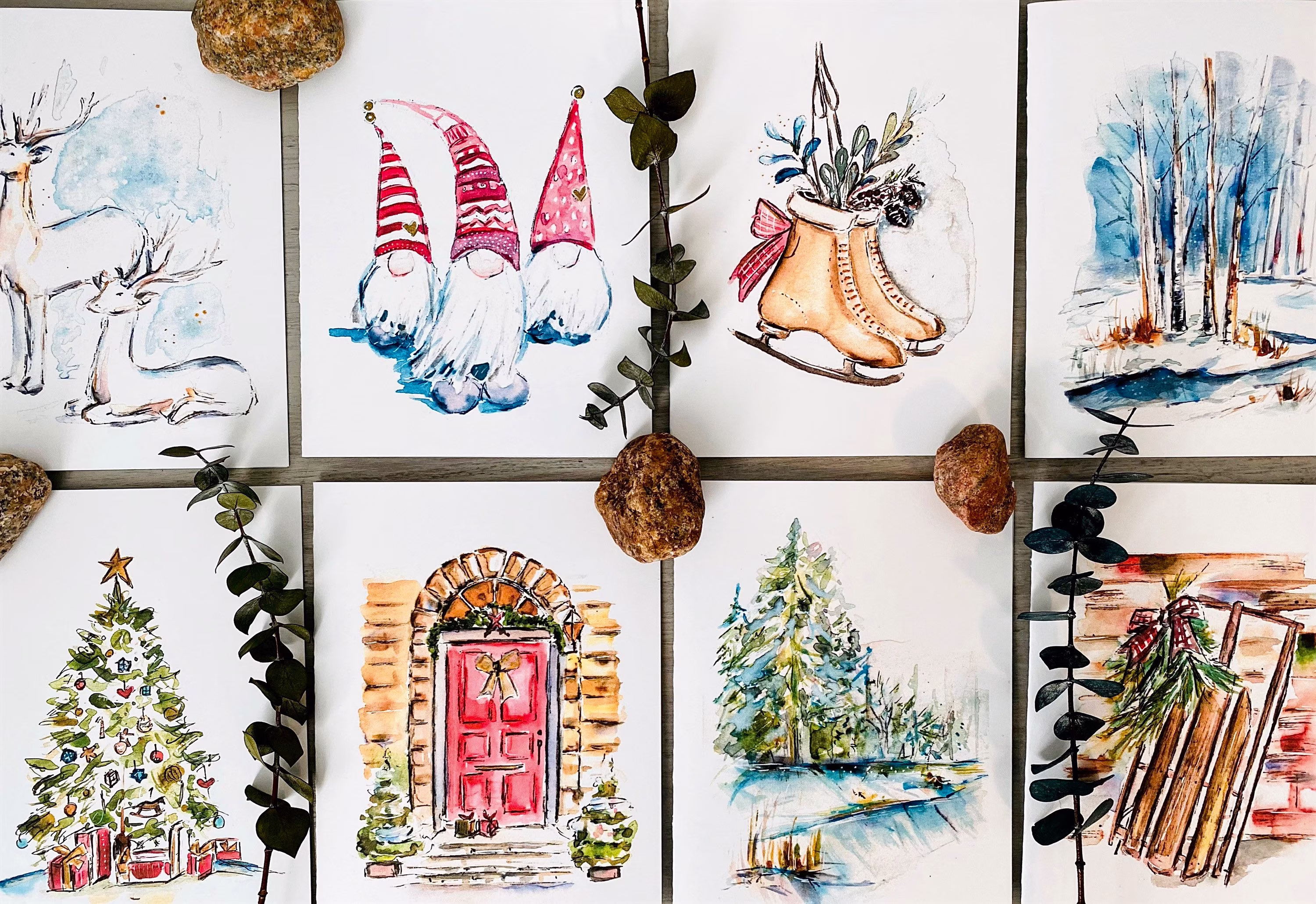 Package Of 8 Watercolour Blank Christmas Cards, No Words Holiday Illustrated & Winter Season Cards