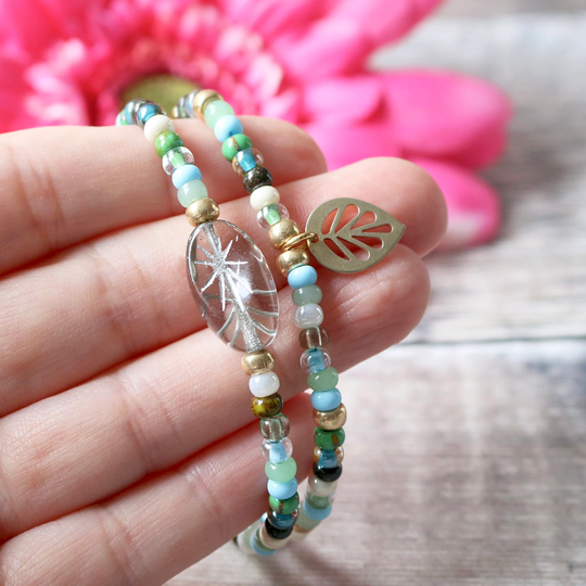 Czech Glass Bead Bracelet, Green Seed Beaded Boho Inspired Jewellery