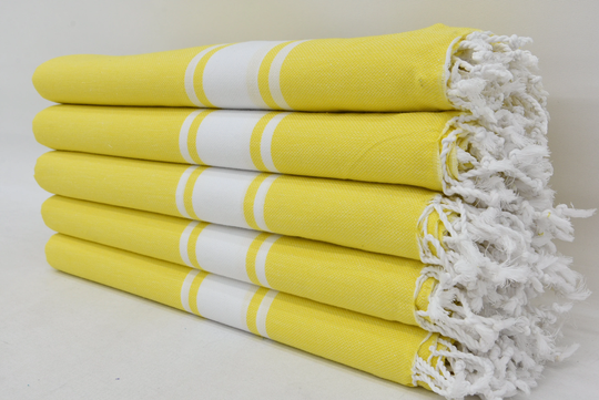 Beach Towel, Organic Cotton Wedding Gift Turkish Bath Yellow White Bordered 40x66 Inches D-20