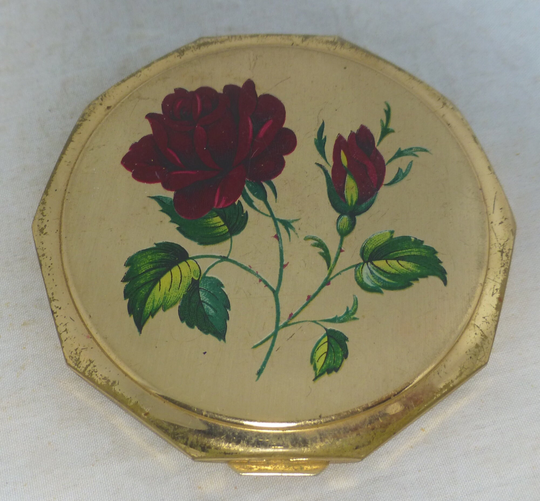 stratton Vintage Red Rose Floral English Gold Tone Powder Compact/Make-Up Mirror - Brushed Metal Flower Design Pat 764125 England