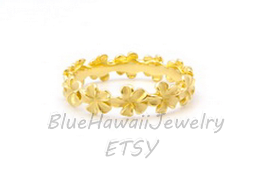 5mm 3D Flowers Plumeria Endless Eternity Haku Lei Hawaiian Heirloom Ring 14Ky Gold Jewelry Made To Order