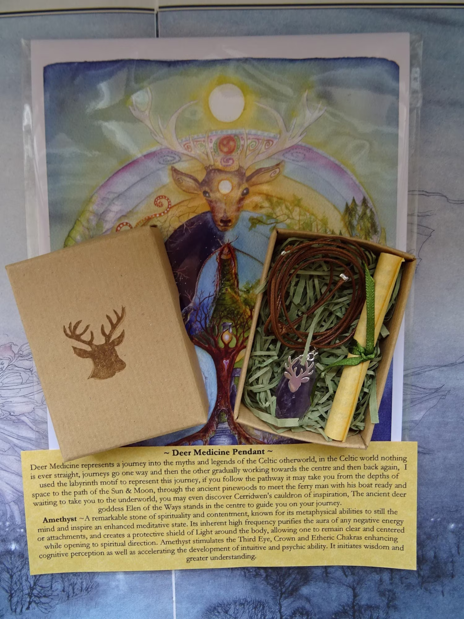 Deer Medicine ~ Pendant & Print Set, Amethyst Pendant, Art Print, Gift Silver Charm, Spiritual, Goddess, Labyrinth