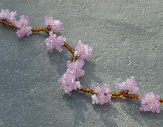Japanese Cherry Blossom Bracelet, Seed Bead Flower Bracelet Garland, in Pink, Amethyst, Pale Yellow & Brown Czech Seed Beads, UK Seller