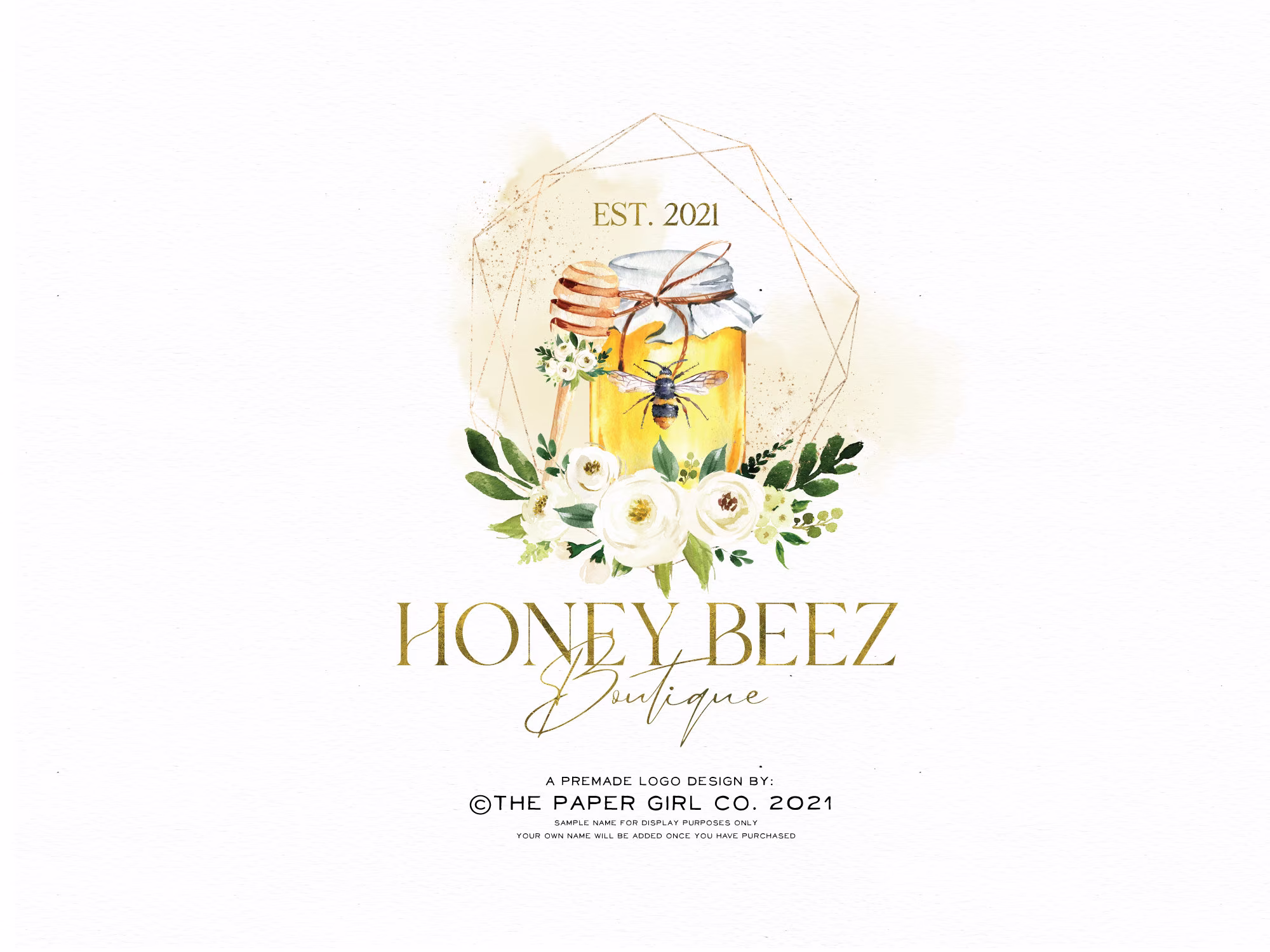 Bee Logo, Honey Logo, Greenery Logo Design, Premade Botanical Gold Herb Nature Branding Kit