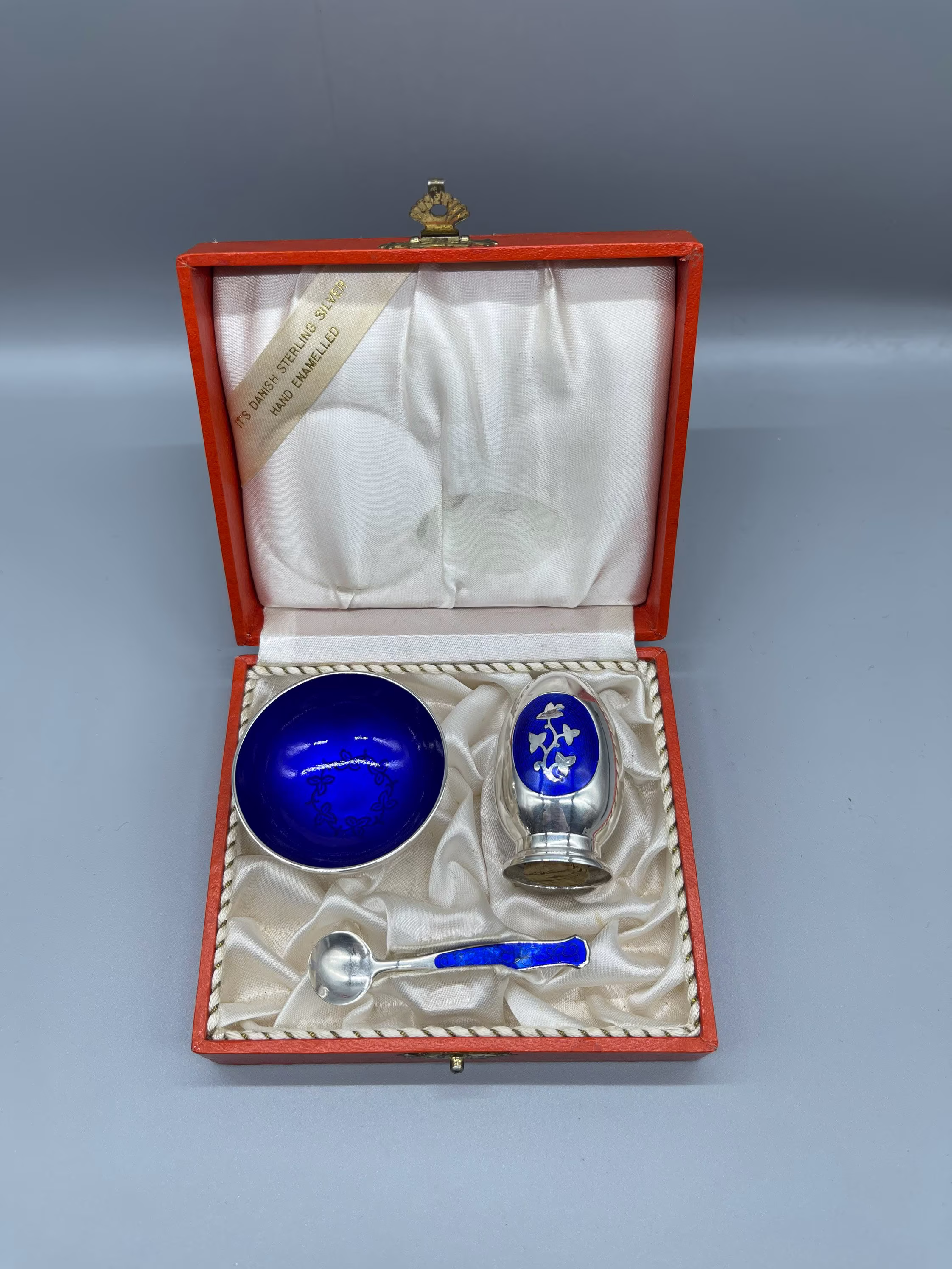 Meka Denmark 1950's Sterling Silver & Blue Guilloche Enamel Salt & Pepper Set