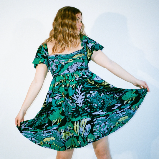 Handprinted Organic Cotton Bamboo Blend Emma Dress in Pastoral