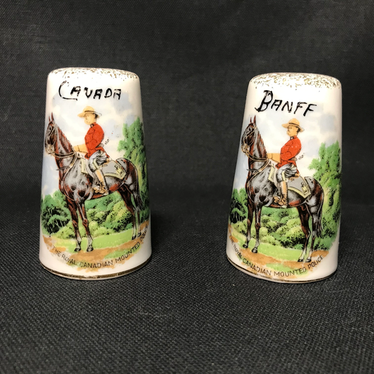 Vintage Mountie Gold Glitter Salt & Pepper Shakers Rcmp Royal Canadian Mounted Police Banff