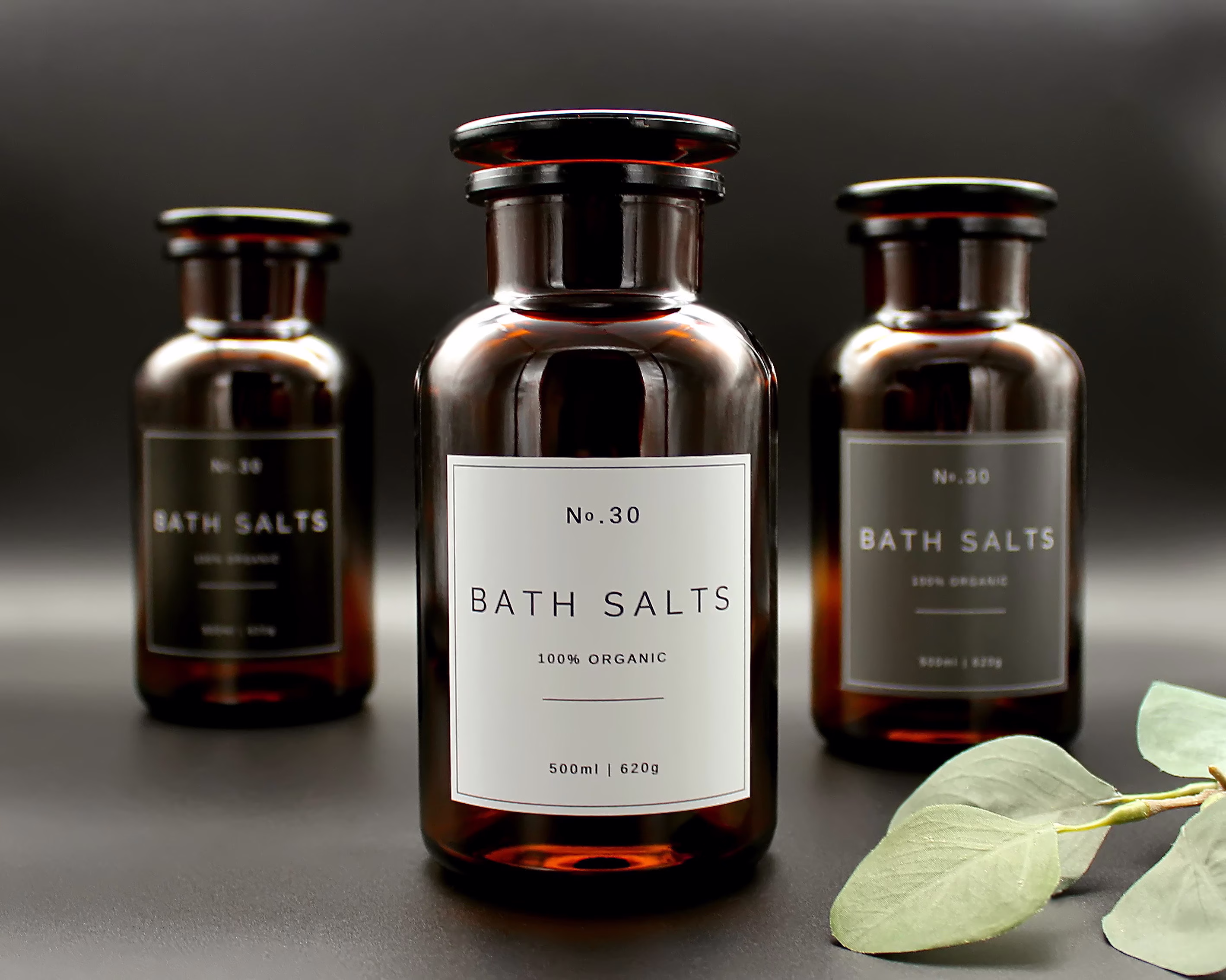Amber Glass Apothecary Bath Salts Jar 500Ml With White | Grey Black Label - Eco-Friendly Reusable Urban Industrial Bathroom Décor