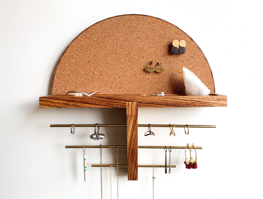 Exotic Zebrawood Jewelry Organizer, Hardwood Wall Mount Floating Shelf Holder For Necklace, Stud Earring, Dangle & Ring