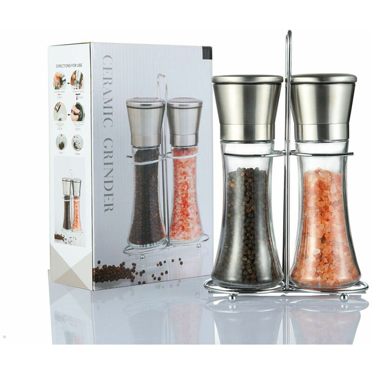 Pepper Mill Set Adjustable Ceramic Core Stainless Steel Pepper Salt Mill Salt Shaker with Stand