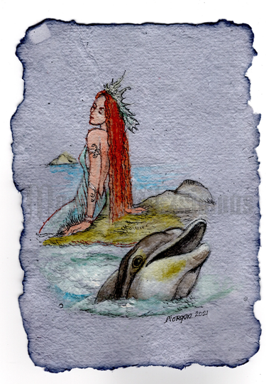 Original Art, Watercolour & Pen, Hand Made Miniature, Go Wild Imagine Collection Selkie & The Dolphin