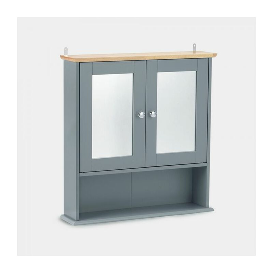 Bathroom Cabinet with Mirror - Grey 2 Door Wall Mounted Storage Cupboard - Mirrored Wooden Medicine Cabinet with 4 Shelves - Vonhaus