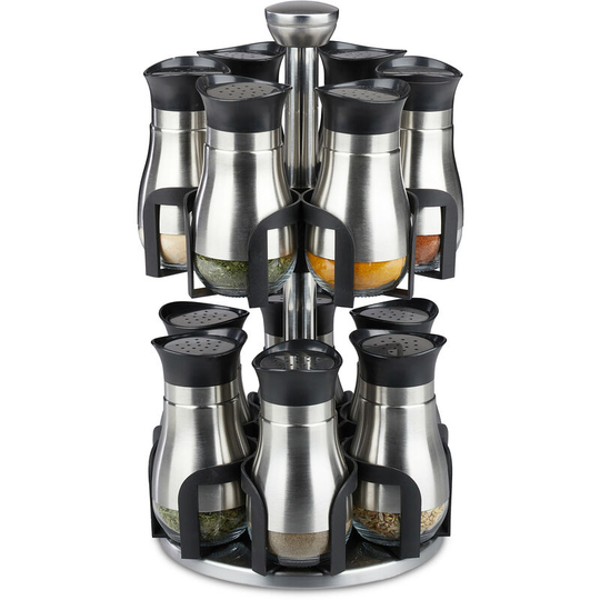 Spice rack, 12 glass jars, stainless steel, rotating, dishwasher-proof, seasoning organiser, silver/black - Relaxdays