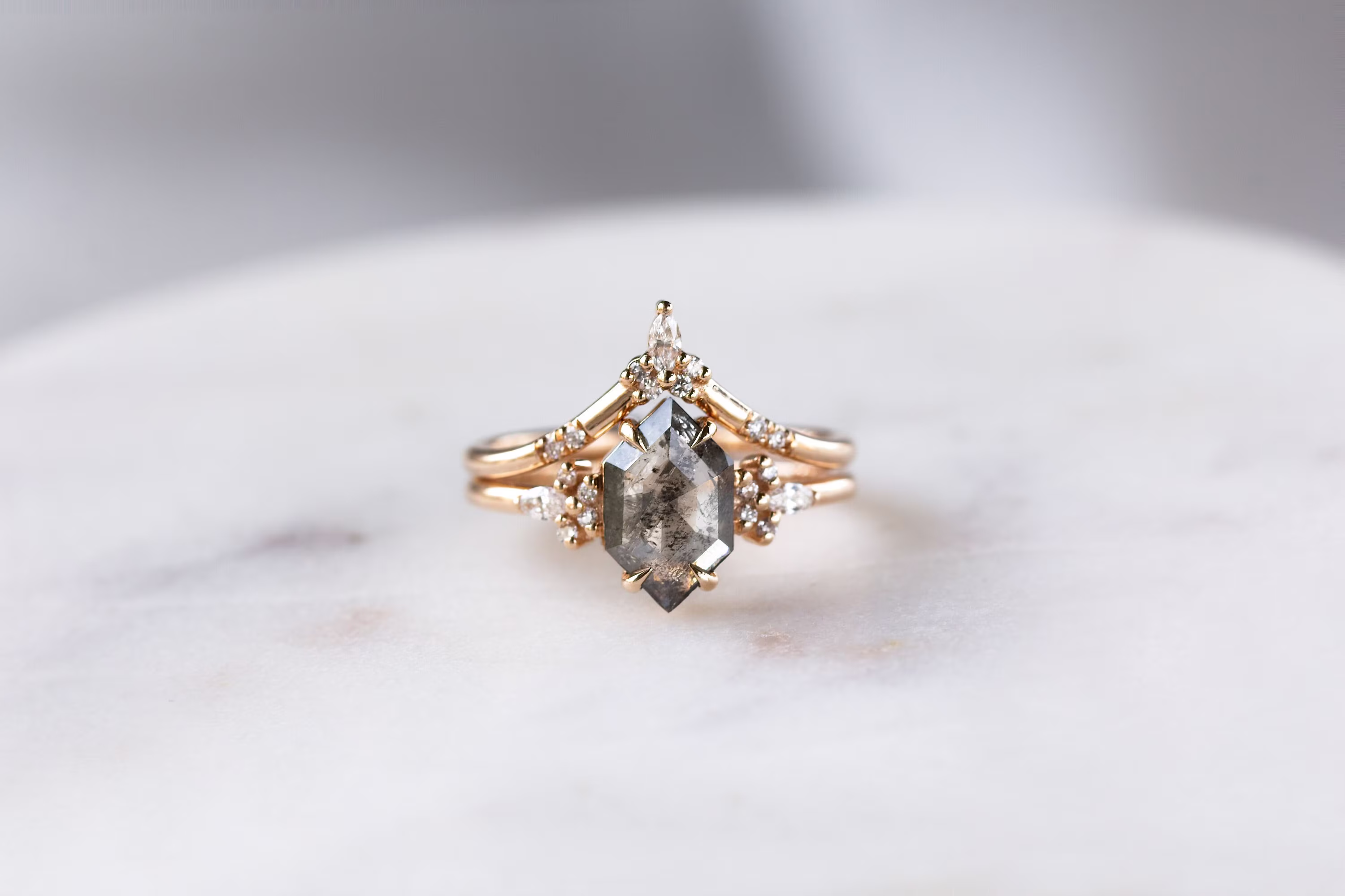 Salt & Pepper Diamond Engagement Ring Lillie Hexagon Diamond Wedding Ring Modern Proposal Bridal