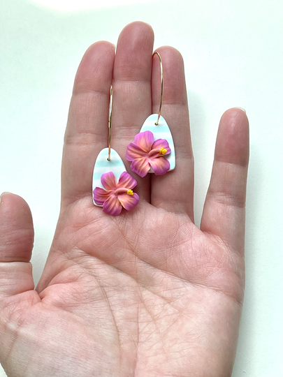 It's A Hibiscus Kind Of Summer Collection-Pink Flower Earrings, Hoop Striped Earrings