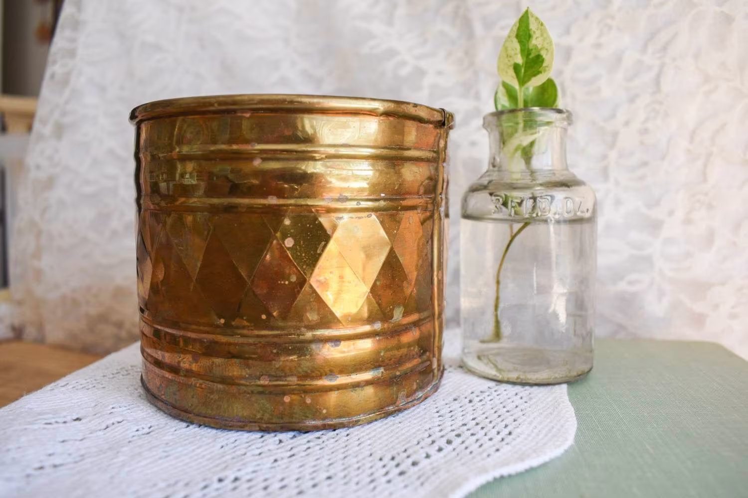 Small Vintage Brass Diamond Planter | Drum Boho Home Decor Houseplants