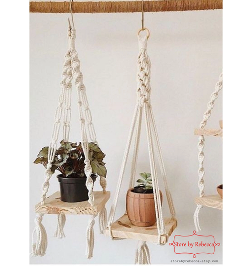 Macrame Hanging Shelf, Plant Hanger With Wooden Slab, Floating Garden Decor, Gifts For Dad, Indoor Plants, House Plants