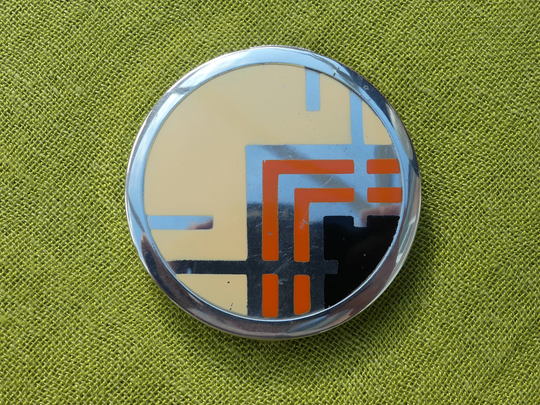 Vintage 1970S Chrome & Enamel Art Deco Revival Powder Compact With Full Refill, Original Puff Cardboard Stock Box