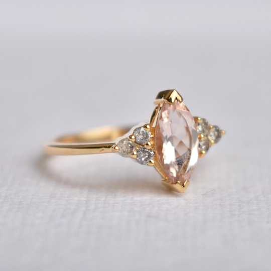10x5mm Marquise Morganite & Diamond Engagement Ring, 14K 18K Solid Gold Salt Pepper Cluster Pink Gemstone Ring