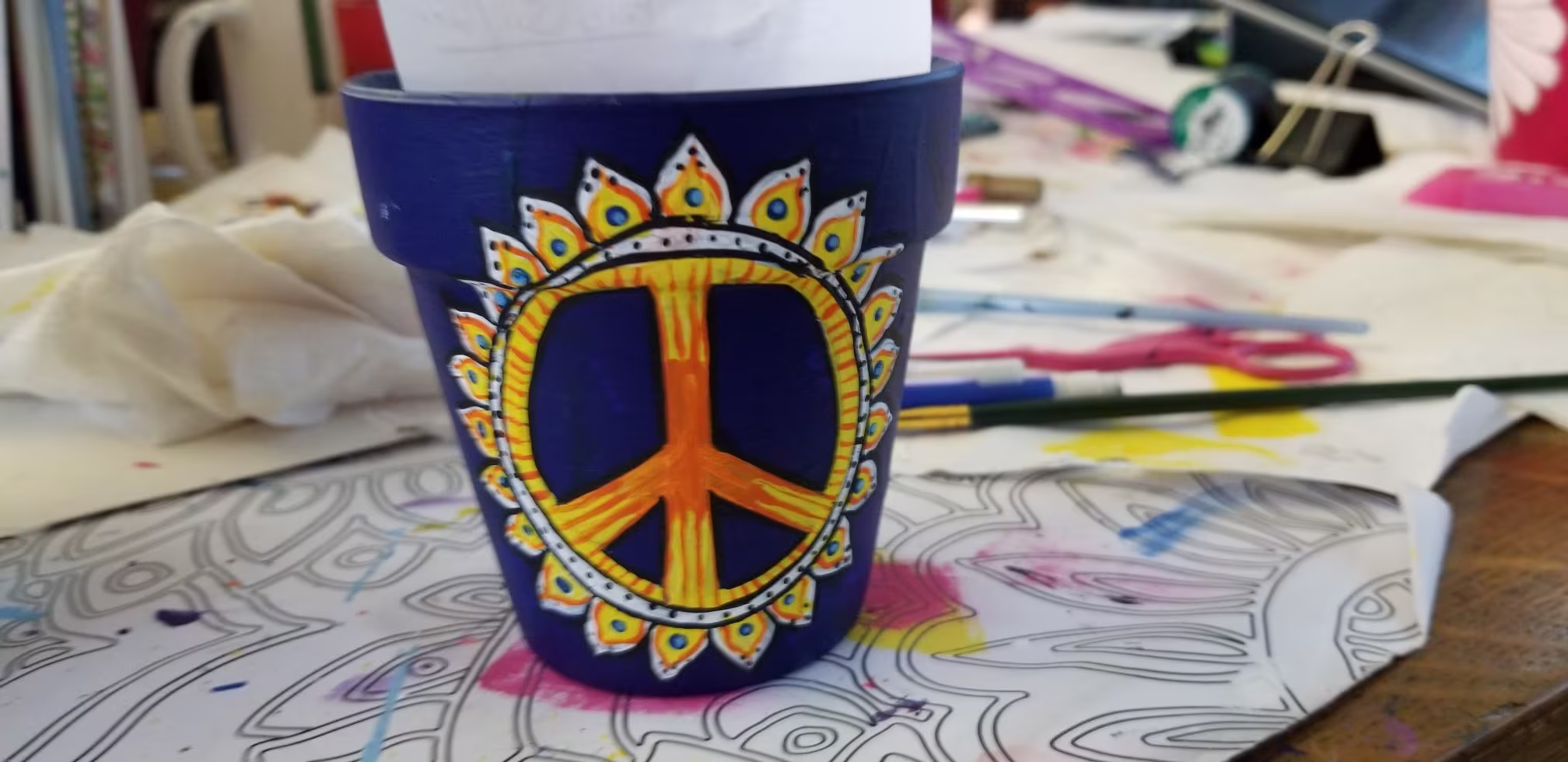 Hand Painted Terra Cotta Pot; Summer Of Love Collection - Nsv; Peace Sunflower