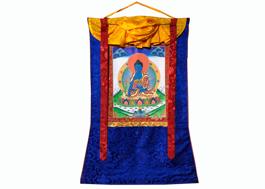 Fine Quality Medicine Buddha Mounted On Silk Brocade, Handmade Thangka Cotton Canvas From Nepal