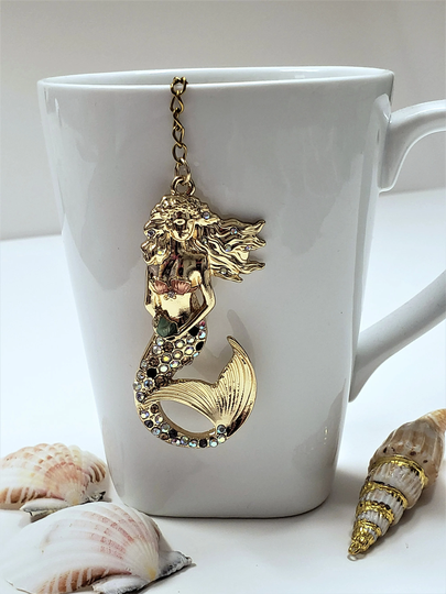 Gold Mermaid Tea Infuser - Rhinestone With Cup Strainer Herb & Spice Stainless Steele Teacup Ball