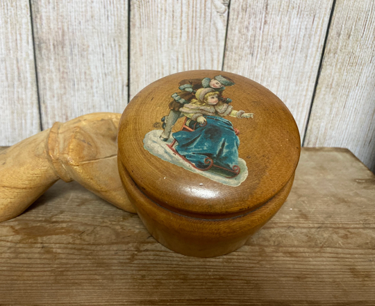 Antique Wooden Powder Bowl, Trinket Box, Children in The Snow, Riding On A Sledge
