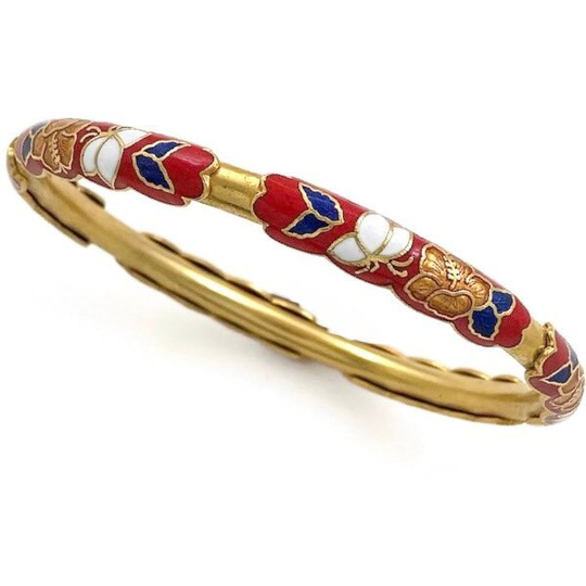Vintage Gold Tone Champleve Enamel Bracelet, Art Nouveau Style Floral, Hibiscus Flower, Butterfly Overlay, Unique Bangle